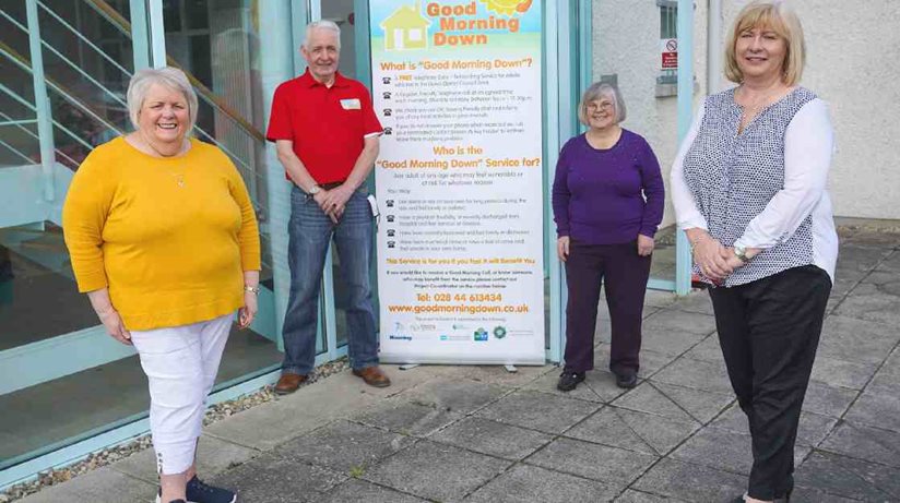 Pictured (from left) are Linda Baker project co-ordinator for Good Morning Down, Aidan Harris Senior Telephone Carer, Kathleen Greenwood Senior Telephone Carer and Carole Toner, Housing Executive.