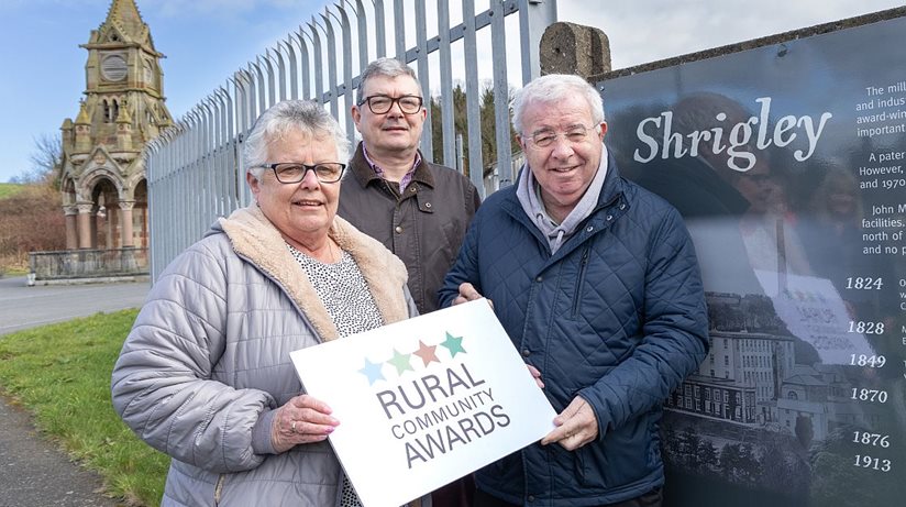 Chris is our Champion… Chris Hagan (far right), Shrigley Community Group is the winner of the Housing Executive’s Rural Community Champion Award, south region. He is joined by Kathleen Stockton, chairperson of Shrigley Community Group, and Eoin McKinney, Housing Executive Rural Unit.