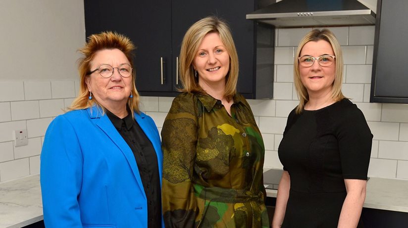 Housing Executive Chief Executive Grainia Long (centre), joined Chief Executive of The Welcome Organisation, Jo Daykin-Goodall (left) and Lee-Maria Hughes (right) to view progress at Catherine House, the new, bespoke accommodation-based service for women experiencing homelessness, which will soon open in Belfast. The new facility is named in memory of Ms Hughes’ sister, Catherine Kenny, who died in Belfast in 2016.