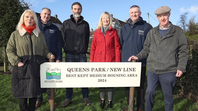 Proud residents and Housing Executive staff celebrate winning Best Kept Estate. (LR) Janet Browne, Andrew Kelly, Neil Andrews, Vivien Lovell, Gerard Smith and Denis Conn