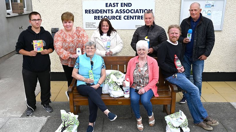 Members of East End Residents Association in Newtownards. Pictured from left to right on the back row are Jamie Lavery, Deborah Cox, Denise O’Loan, Andrea and Fred Mooney. Seated on bench from left to right are Jennifer Reid, Margaret Bright and the Housing Executive’s Good Relations Officer, Gus Moore.