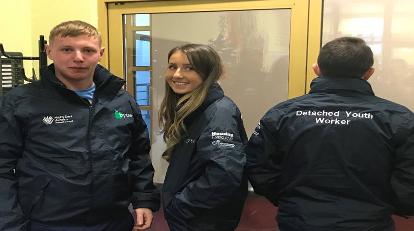 New PCSP/Council/Housing Executive branded jackets.  The youth workers are L-R, Connor Keenan, Sarah Geddis and Mark Clegg.