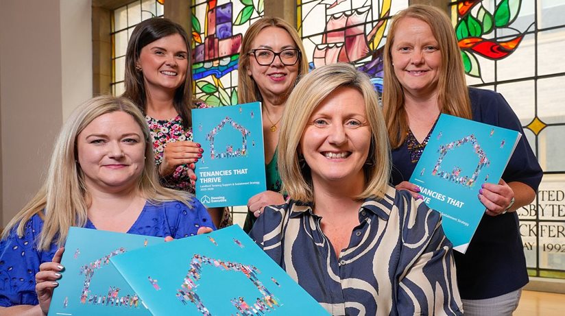 (L-R) Rosanna McSorely, Emma Geddis, Julie Alexander, Grainia Long, Chief Executive of the Housing Executive and Deborah Reid. 