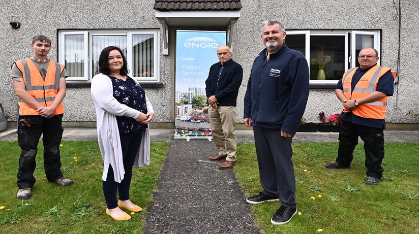 Housing Executive Double Glazing Scheme 2: Pictured from left is Patrick McKeown, Housing Executive tenant, Margaret McCrea, Housing Executive Ards and North Down local Area Manager, Owen Brady, Scrabo Estate Patch Manager, Ivor Gibson and Adrian McToal from Engie Regeneration. 