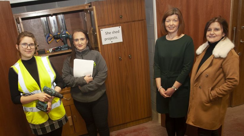 Housing Executive Neighbourhood Officer Deidre Casey (right) pictured at the She Shed in the 4Rs Recycling Centre, Pennyburn, on International Women’s Day 2023 with (from left) volunteer Rachel Burnes, She Shed co-ordinator Georgina Lavey, and 4Rs manager Tara McKinney.