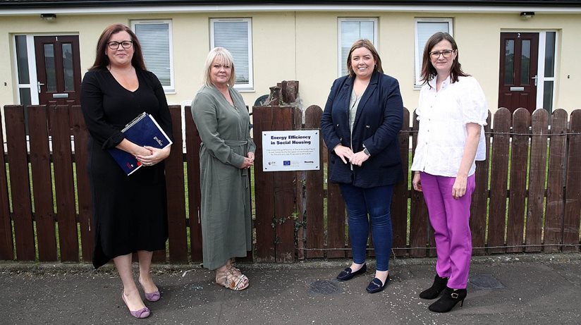Minister for Communities Deirdre Hargey (second left) is pictured with Housing Executive Assistant Director of Asset Management Leeann Vincent (left), Department for Economy’s Director of EU Fund Management Division Maeve Hamilton and Housing Executive Area Manager Breige Mullaghan (right) visiting homes in the Abbeyville area of Newtownabbey recently modernised to improve their energy efficiency. 