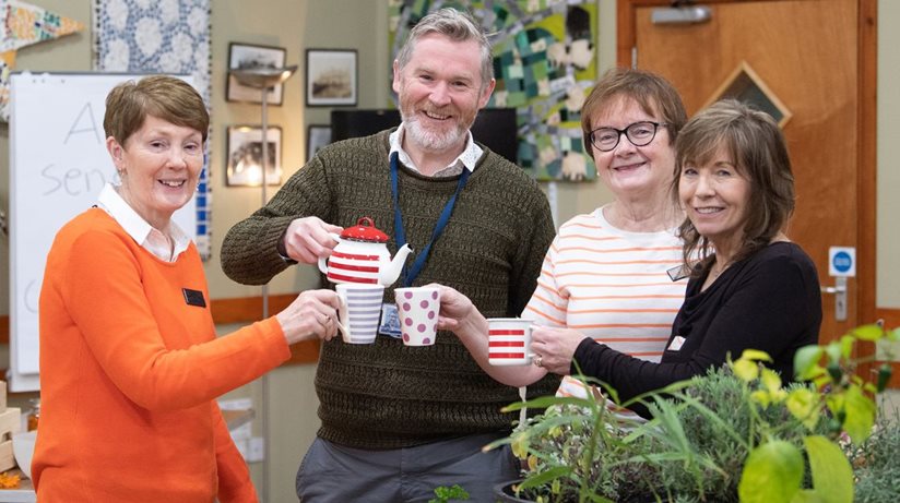 Housing Executive patch manager PJ Ward enjoys a cup of tea with Gardening Gurus Deirdre Bradley, Chair, Granaghan and District Women’s Group, Ann McNicholl and Mary Mullin at their workshop.