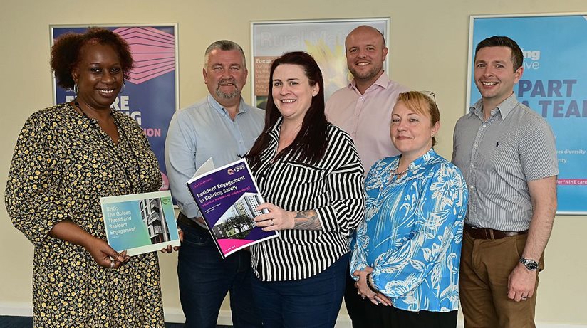 Lorraine Gilbert, Notting Hill Genesis ( NHG), David Adamson and Katriona Crossley, Housing Executive, Jake Le Page, NHG, and Sheelagh Walsh and Chris Adair, Housing Executive, discuss best practice at a recent meeting.