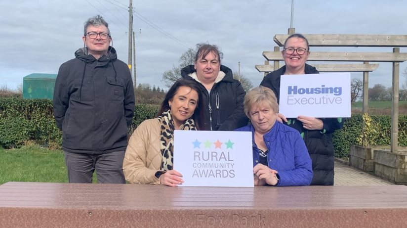 Omagh’s champion…Sally Mulholland, Chairperson of Fox Park Resident’s Association (front, right) winner of the Community Champion award in the Housing Executive’s Rural Community Awards 2023 is joined by (front, left) Annette McCarney, Housing Executive Assistant Area Manager Southwest area and (back row from left) Eoin McKinney, Housing Executive Rural Officer, Lorraine McPhilomey, member of Fox Park Residents Association and Julie Murphy, Treasurer of Fox Park Residents Association.