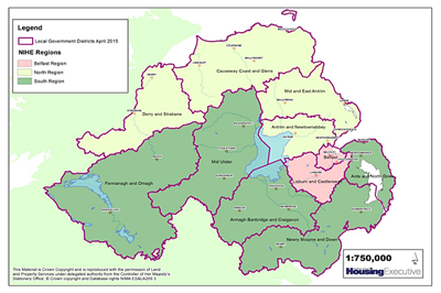 Map of Northern Ireland showing the three Housing Executive regions..