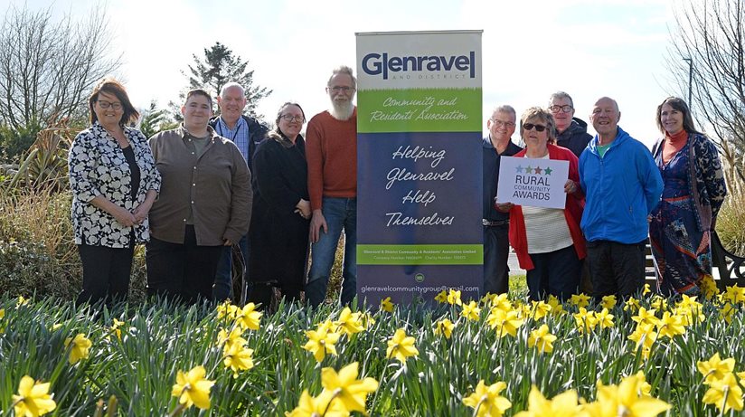 Members of Glenravel & District Community & Residents Association: (l-r) Anne Hardy, Mid and East Antrim Council, Chelsea Harwood, Braid Councillor, John Read, NIHE Good Relations Officer, Denise McLean, GDCRA, John Williams, Acting Secretary, GDCRA and Eugene Kelly, Treasurer and Coordinator of Mens-Hen shed, GDCRA, Frankie Mulhern, Coordinator of the Community Garden, GDCRA, Marian Maguire, Chairperson, GDCRA, Marie Louise McClarey, Fundraiser Officer, GDCRA and Eoin McKinney, NIHE Rural Unit.