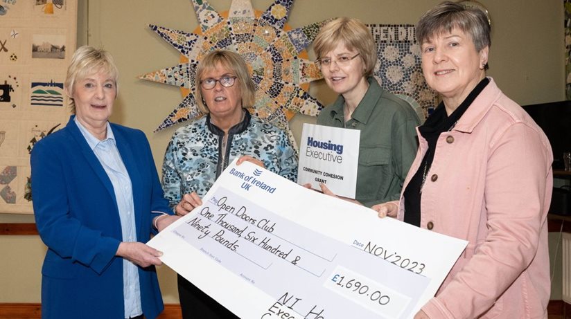 (L-R) Area Manager Sharon Crooks with Open Doors Club Chair Margaret McFlynn, Good Relations Officer Anne Marie Convery and Treasurer Maura Quinn