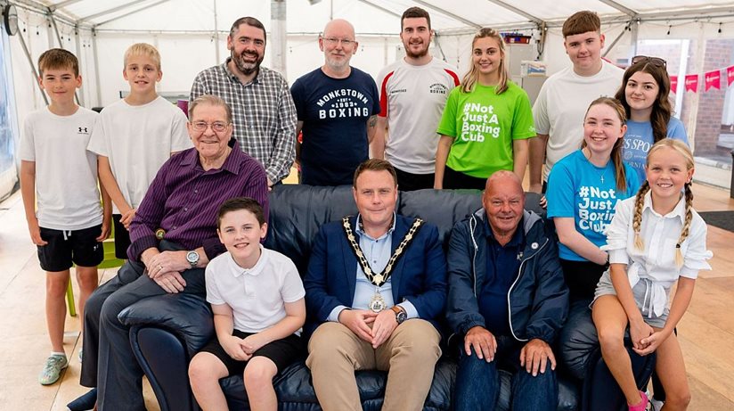 Back row (L-R): Tyler Letson, Ryan Gallagher, Stephen Gamble, Housing Executive Good Relations Officer, Paul Johnston, Project Manager, Daryl Clarke, Project Coordinator, Iryna Lykhosherst, volunteer, Macauley Judson, young leader and Kailey Francey, young leader. Front row (L-R): Billy Snoddy, Chairperson, Jayden Mullan, Councillor Mark Cooper, Mayor of Antrim and Newtownabbey Borough Council. David McCrea, chair of Monkstown Jubilee Centre, Eva Bennet, and Anna Stitt, young women's ambassador.