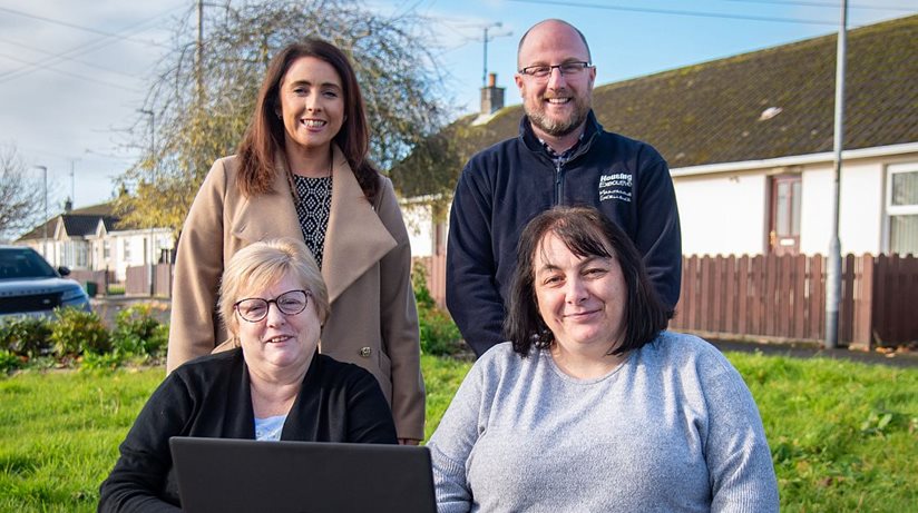 Assistant Area Manager for the South West Annette McCarney and Good Relations Officer Christopher Spence with Sally Mulholland and Lorraine McPhilomey from Fox Park Residents’ Association.