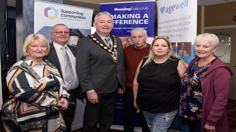 Pictured at our Mid-Ulster Area Networking Event are (L-R) Michael Dallat, our Mid Ulster Area Manager, with Sean McPeake, Chair of Mid-Ulster Council, Billy Cardwell  from Milltown Super Adults and front row Marie Devlin from Agewell, Patricia McQuillen from Moneydig Rural Network Group and Bernie McHugh from Breakthru.