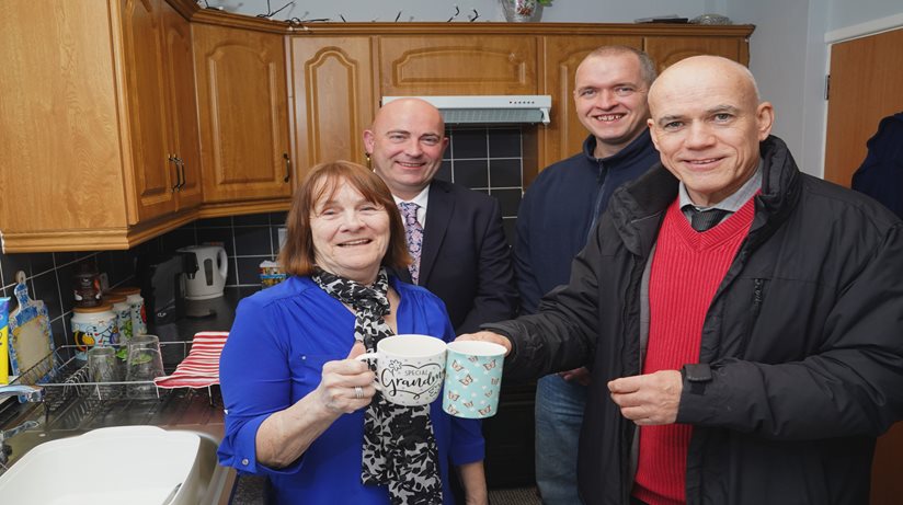 L-R Tenant June McCormick, with Housing Executive Senior Project Manager Jeff Dougan, Patch manager Michael Mohan and Owen Brady, Housing Executive’s Ards & North Down Area Manager 