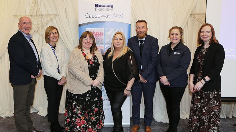 Pictured at the meeting are, from left, Colm McDaid, Chief Executive, Supporting Communities, Hilary Canning, Housing Executive Assistant Area Manager Causeway, Sheila Mc Williams, Chairperson of Causeway’s Tenant Scrutiny Panel, Patricia McQuillan, Vice chair of Central Housing Forum, Mark Alexander, Housing Executive Area Manager Causeway, Nuala Kildunne, Community Development Officer, Supporting Communities and Orla McCann, Community Development Officer, Supporting Communities.