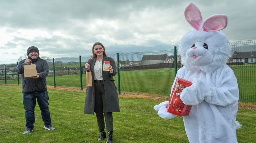 Eggstatic: The Easter bunny is joined by Graham Mills from Newry Street Unite, Kilkeel and Rebecca Smyth, South Down Good Relations Officer for the Housing Executive to launch a virtual Easter celebration that has been funded by the Housing Executive.  Newry Street Unite were Egg-static at the grant funding which will allow them to keep local morale high during the Covid-19 lockdown.