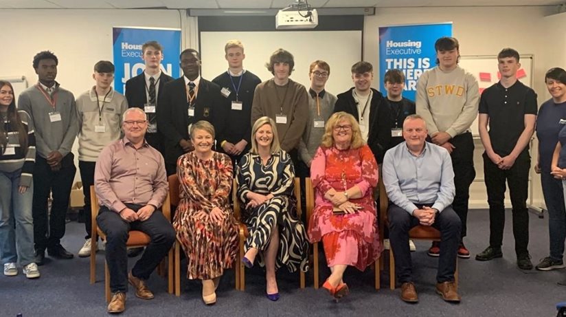 Students from across Northern Ireland came to the Housing Executive headquarters to learn about working in social housing as a career pathway. Pictured on the front row are the Chief Executive, Grainia Long (centre) and members of the senior management team, with students from ten different schools.