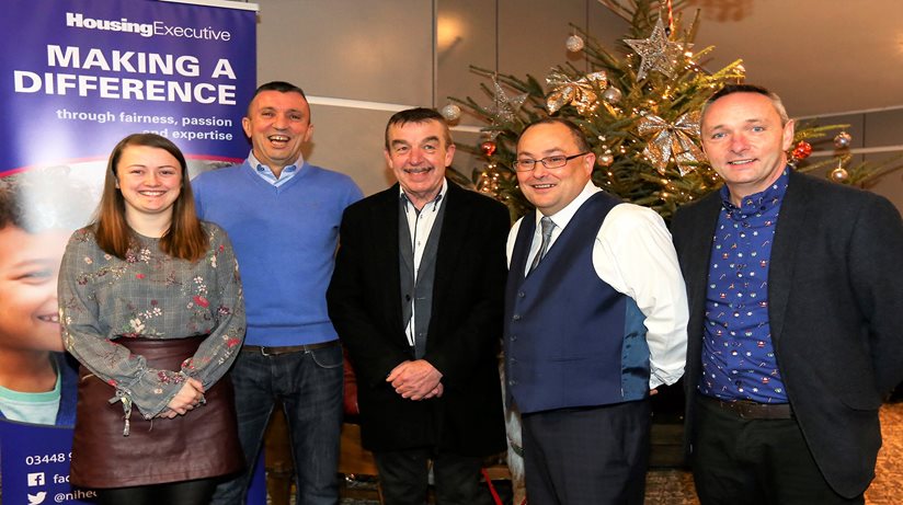 Brenda McAvenny, Vice Chairperson Melmount Forum, Andy Gallagher, Chairperson Melmount Forum, Noel McNulty, Housing Executive, Ivan Barr, Development Officer and Dominic Bonner, Facilitator, at the Melmount Forum dinner.