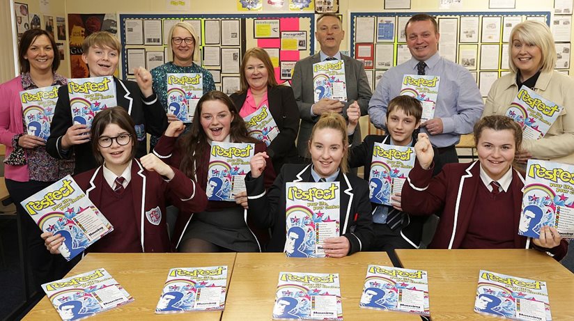 Back from left: Pauleen Armitage, Learning for Life and Work, St Fanchea’s College, Dalton Mulligan, Devenish College, Helen Hicks, Housing Executive, Jackie O'Kane, Housing Executive, Michael Fitzgerald, Children’s Safety Education Foundation, Simon Mowbray, Principal, Devenish College, and Berni McDermott, LLW, Devenish College.  Front from left: Katie McBride, St Fanchae’s, Holly Love, St Fanchae’s, Jessica Magee, Devenish, Ashley Beattie, Devenish, Orlaigh Maguire, St Fanchae’s. 