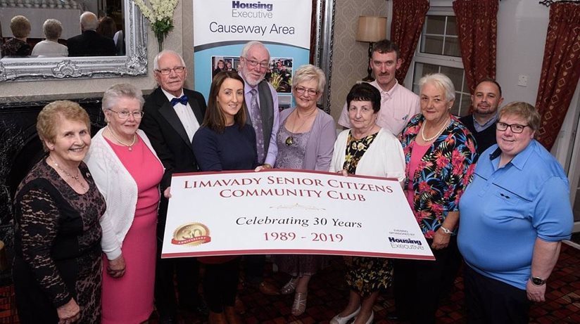 The Limavady Senior Citizens Community Club 30th anniversary celebration dinner dance: committee members Kathleen Smyth, Veronica Madden, Ann McAteer, Robin Madden (Chairman), Margaret Cauley, Doyle Kitson, Sylvia Dingley, Connor Jeffreys, Alana Donnelly, Housing Executive Patch Manager and Gareth Doran, Housing Executive Good Relations Officer.