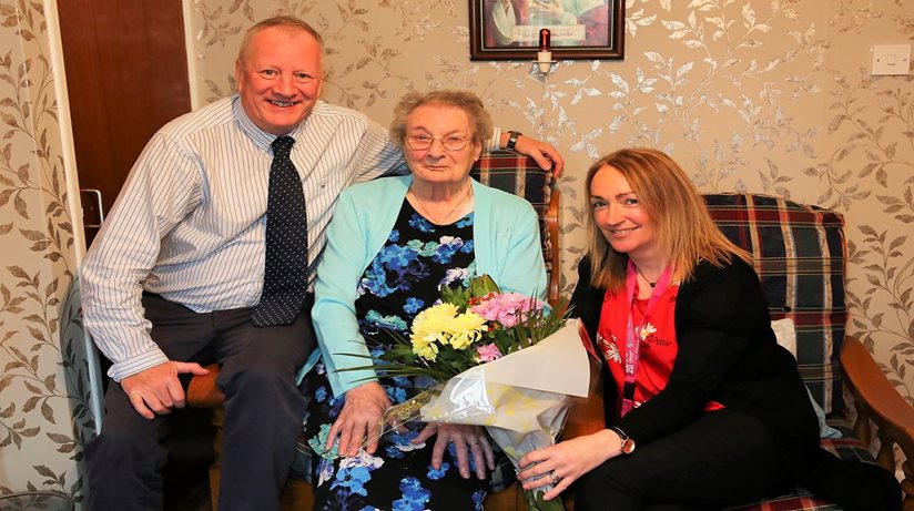 Mrs Gillan with Frankie and Noeleen yesterday to celebrate her long tenancy with the Housing Executive.
