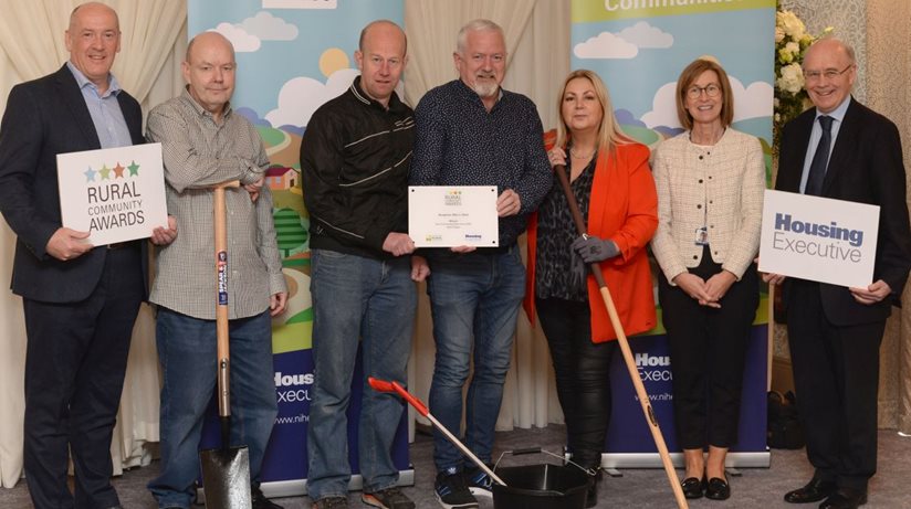 Delighted members of Dungiven Men’s Shed, winners of the Community Spirit award in the Housing Executive’s Rural Community awards Pictured (from left to right) are, Colm McDaid Supporting Communities, Dermot O’Donnell, member of Dungiven Men’s Shed, Owen McCloskey, member of Dungiven Men’s shed, Raymond Brady, Project Coordinator, Dungiven Men’s shed, Patricia McQuillan MBE, Rural Residents Forum, Hilary Canning, Housing Executive Assistant Area Manager for Causeway Coast and Glens District and 