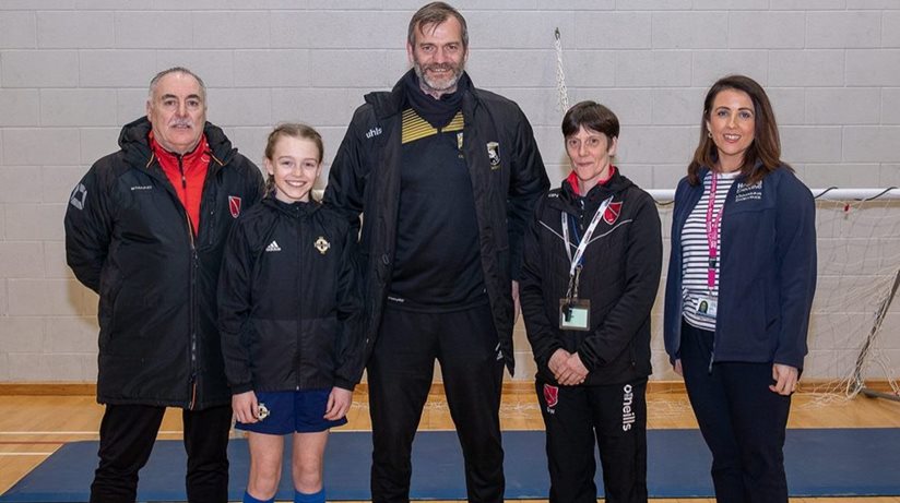 Davey Wheeler Vice Chairman of Lisnaskea Rovers, Jessica Connolly, Roy Carroll Ex Northern Ireland Goalkeeper, Gerda Walmsley Girls Coach Lisnaskea Rovers, Annette McCarney (Housing Executive)