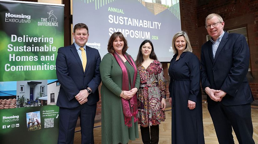 (L-R) The Housing Executive’s Head of Sustainable Development Robert Clements with Chair Nicole Lappin, Dr Inna Vorushylo, Chief Executive Grainia Long and Ciaran Byrne