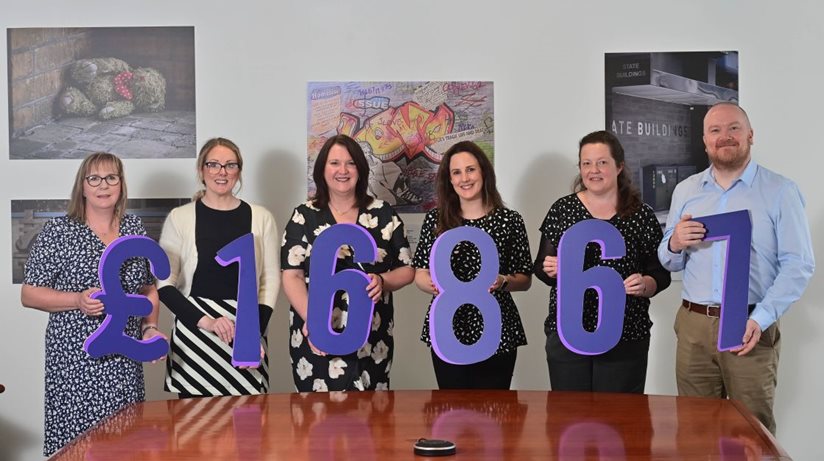 Pictured at a presentation to the outgoing nominated charities of Northern Ireland Housing Executive are: (L-R) Linda Cooper, Co-Chair of NIHE Fundraising Committee, Helen Brogan, Fundraising Engagement Manager, PIPS, Nicole Lappin, Chair of NIHE, Clare Galbraith, Head of Fundraising, Aware NI, Jane Robertson, Fundraising and Engagement Co-ordinator, Action Mental Health, and Gary Pritchard, Co-Chair of NIHE Fundraising Committee.