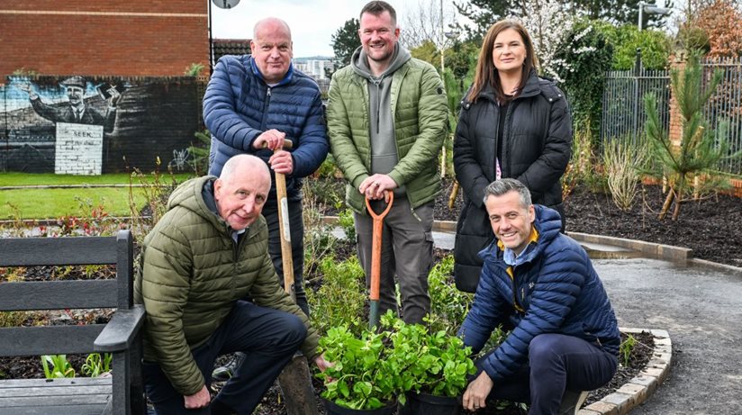 Housing Executive staff (front row) Malachy Brennan, Ground Maintenance Manager, and Gerard Flynn, North Belfast Area Manager, admire the new landscaped area at Hogarth Street along with (back row) Ken Blair, Grounds Maintenance, Housing Executive, and Seamus Hamilton and Siobhan Mullan, Belfast City Council.