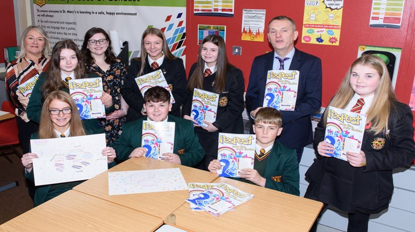 Students from St Marys High School and Limavady High School get together for a photo with Jackie O’Kane (Housing Executive), Michael Fitzgerald (Childrens Safety Education Foundation) and teacher Gemma McLaughlin.