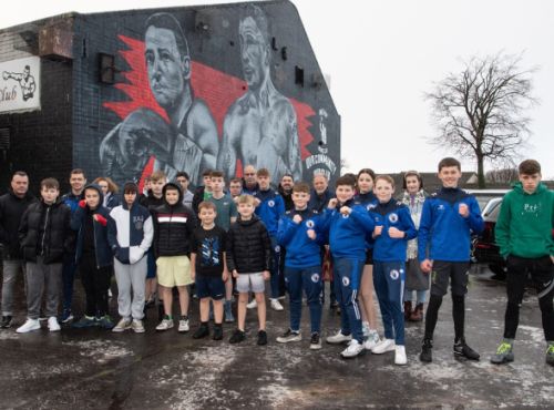 Members of Antrim Boxing Club at the Carl Frampton and Katie Taylor mural