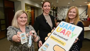 Claire McCleery, JAM Card Director (centre) at the Housing Centre customer reception with Rosanna McSorley (left) and June McGrath from the Housing Executive’s Tenancy Support and Sustainment team.