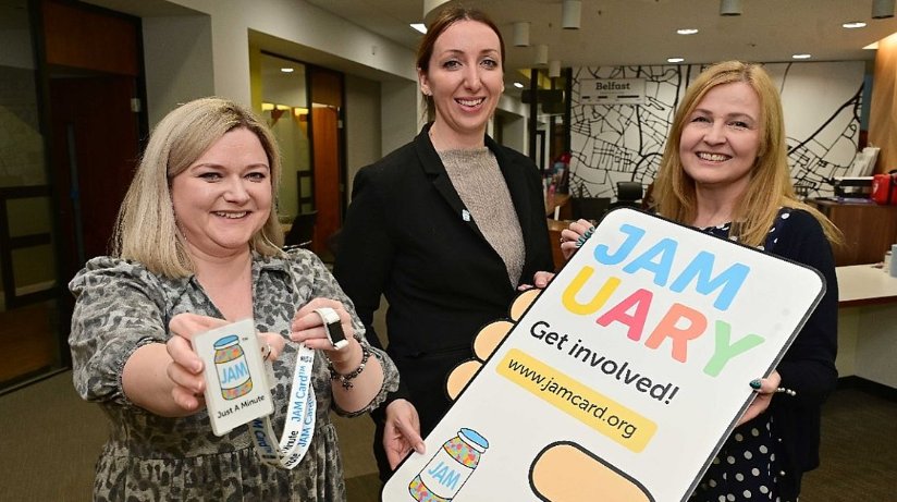 Claire McCleery, JAM Card Director (centre) at the Housing Centre customer reception with Rosanna McSorley (left) and June McGrath from the Housing Executive’s Tenancy Support and Sustainment team.