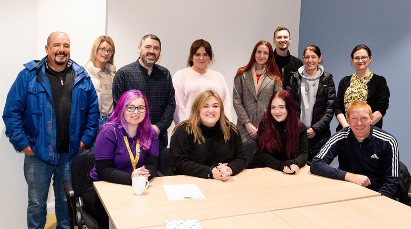 Pictured with young members of the South Antrim Housing Community Network Youth Sub-committee at their first meeting are, Stephen Gamble, Housing Executive South Antrim Good Relations Officer, Breige Mullaghan, Housing Executive South Antrim Area Manager.