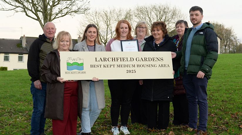 Celebrating Larchfield Gardens being heralded ‘Best Kept Medium Housing Area in the 2025 Best Kept Awards organised by the NI Amenity Council (NIAC) are, left to right, Liam McGrath, resident, Caroline Scott, Housing Executive Neighbourhood Officer, Amy McCullough, Housing Executive Patch Manager, Carleen McGrath, resident, Nuala McGoldrick, Housing Executive Neighbourhood Officer, Carmel McLaughlin, resident, Roberta McAleese, resident and Councillor Sean Bateson, Causeway Coast and Glens.