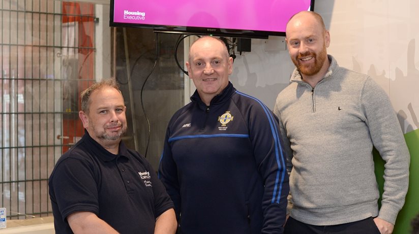 Pictured at the Housing Executive’s workshop after one of Soccer NI’s weekly games in Coleraine is, left to right, Gareth Doran, Housing Executive Good Relations Officer, Causeway, Stephen Fleming, Street Soccer NI Coleraine Coordinator and Patrick Hargan, Housing Executive Temporary Accommodation Manager, Causeway.