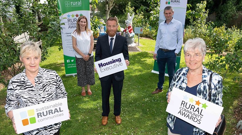 Pictured at the launch of the Housing Executive’s Rural Community Awards 2021 are Margaret Murphy (Cullybackey Community Partnership),  Sharon Crooks (Housing Executive Area Manager Mid Ulster), Mark Alexander (Housing Executive Causeway Area Manager), Sinead Collins (Housing Executive Rural and Regeneration Manager) and Martin Quinn (Supporting Communities).