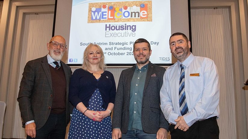 Planning together…Pictured with Stephen Gamble, Housing Executive Good Relations Officer, South Antrim at the Housing Executive South Antrim Strategic Planning Day are guest speakers, Lindsay Harris, Onus, Wayne Denner, Online Safety Specialist and Billy Dixon, Personal Marketing and Image Consultant.