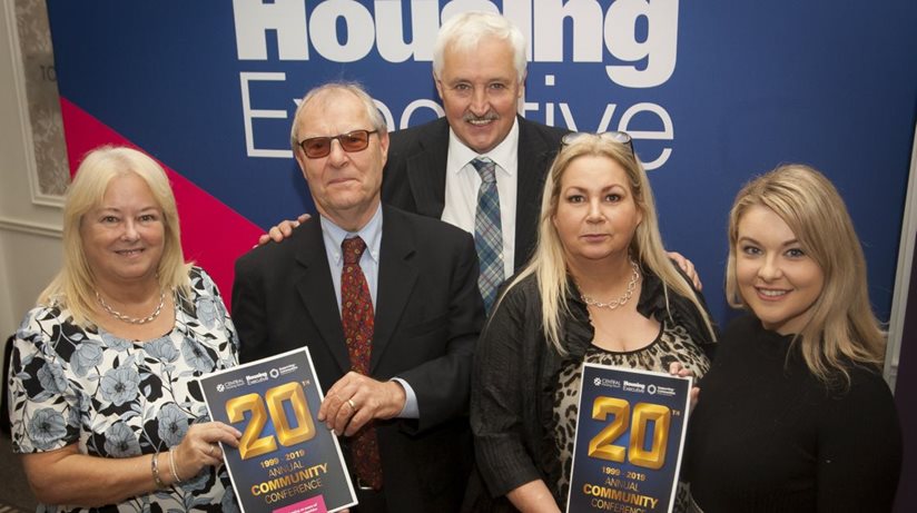 Celebrating resilience: (L-R) Central Housing Forum Chair Linda Watson, is joined by the Housing Executive Chair Professor Peter Roberts, Housing Executive Vice-Chair John McMullan, Patricia McQuillan from the Central Housing Forum and author and social media influencer Annette Kelly, curator of the Little Penny Thoughts social media pages, at the annual community conference at the Silver Birch Hotel in Omagh. 