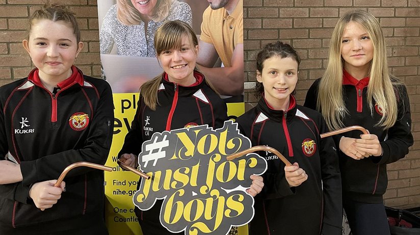 Considering careers in Coleraine…Limavady High School girls enjoy finding out more about careers at the Housing Executive during the Women’s Tec and Housing Executive’s Try-A-Trade #notjustforboys event in Ballysally Community Centre, Coleraine.