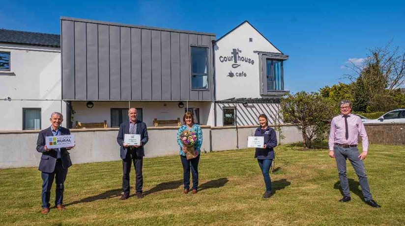 Pictured from left are Gerald Knox, The Courthouse Kesh Ltd, Alan Crawford, Community Champion Award winner, Eleanor Crawford, Ardess Food Bank, Colleen McCaffrey and Eoin McKinney Housing Executive. 