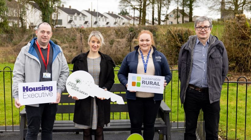 Joe Walsh, Housing Executive, Ruth Buchanan, Rural Housing Association, and Alana Gibson and Eoin McKinney, Housing Executive, encourage local people to register their interest in social and affordable housing in the area.