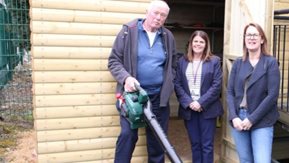 Jim Bell, Claire Patience and Fiona McNally at the garden shed.