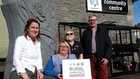 Claire, Bronagh, TCA, Patricia McConnon, and Eoin McKinney outside the Laurencetown, Lenaderg and Tullylish Community Centre.