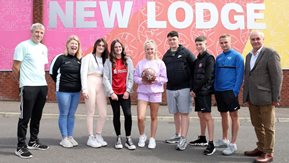 Sean Brennan, Sean McMullan and some of the young people and youth professionals who took part in the activities in the New Lodge.